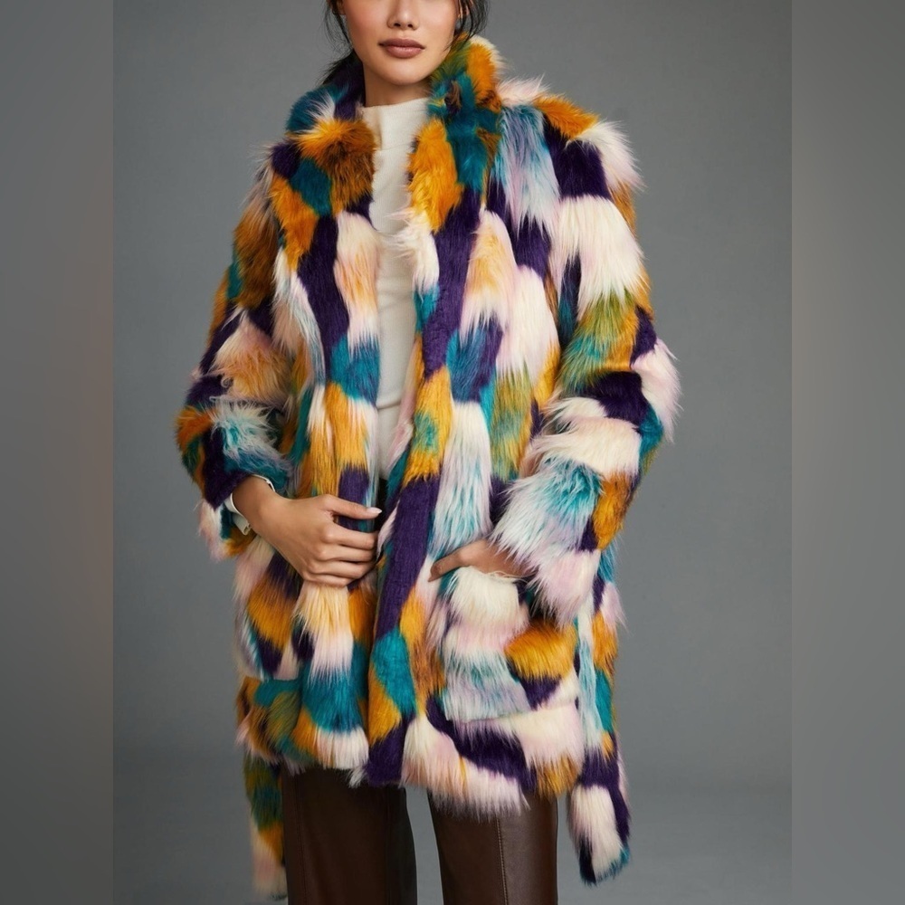 Anthropologie Hutch Faux Fur Multicolor Coat sz XL